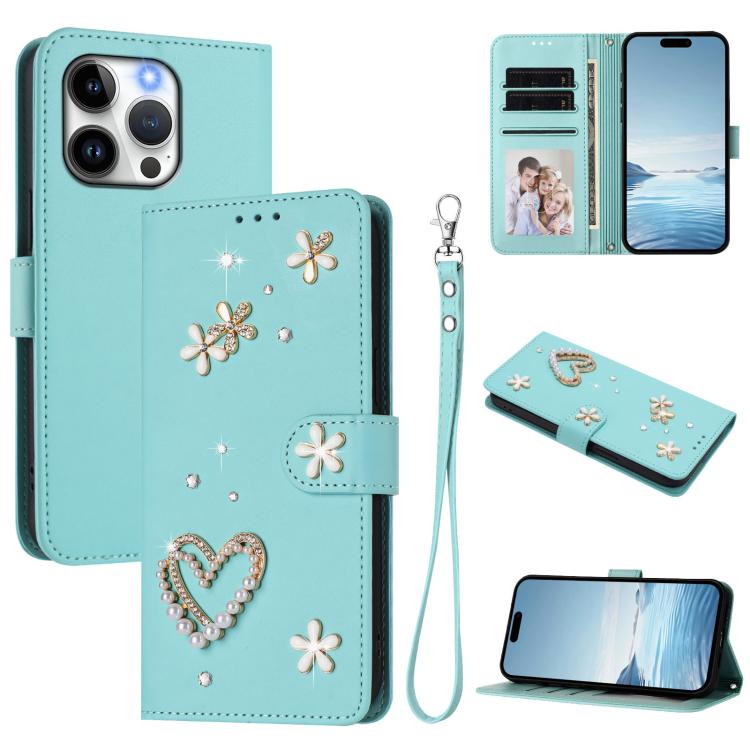 ZS01 Custodia per telefono a doppio strato in ecopelle vegana con motivo floreale a cuori e cinturino da polso, For iPhone 13 Pro, For iPhone 12 / 12 Pro, For iPhone 12 Pro Max