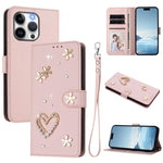 ZS01 Custodia per telefono a doppio strato in ecopelle vegana con motivo floreale a cuori e cinturino da polso, For iPhone 13 Pro, For iPhone 12 / 12 Pro, For iPhone 12 Pro Max