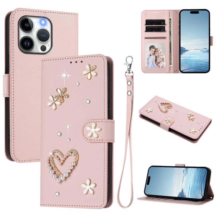 ZS01 Custodia per telefono a doppio strato in ecopelle vegana con motivo floreale a cuori e cinturino da polso, For iPhone 13 Pro, For iPhone 12 / 12 Pro, For iPhone 12 Pro Max