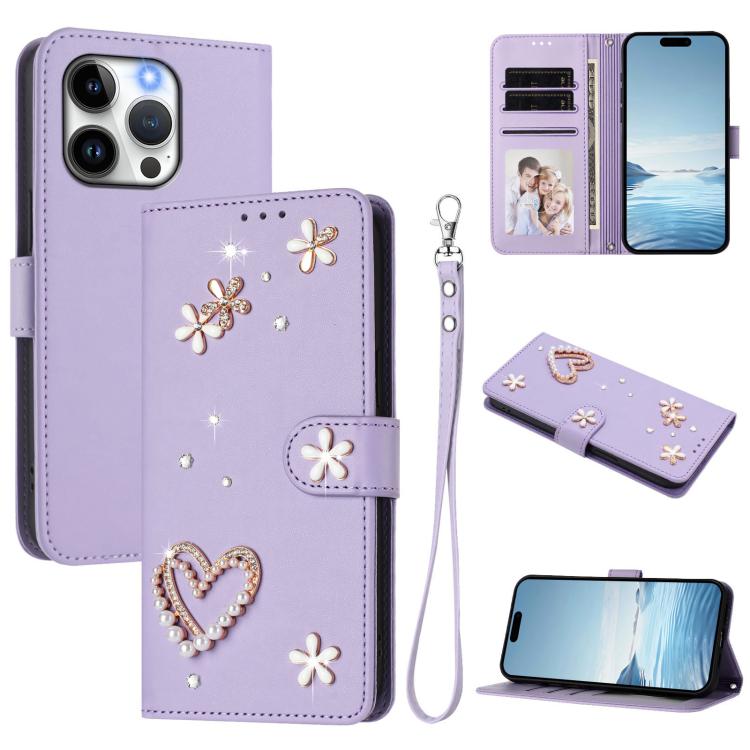ZS01 Custodia per telefono a doppio strato in ecopelle vegana con motivo floreale a cuori e cinturino da polso, For iPhone 13 Pro, For iPhone 12 / 12 Pro, For iPhone 12 Pro Max