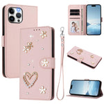 ZS01 Custodia per telefono a doppio strato in ecopelle vegana con motivo floreale a cuori e cinturino da polso, For iPhone 13 Pro, For iPhone 12 / 12 Pro, For iPhone 12 Pro Max