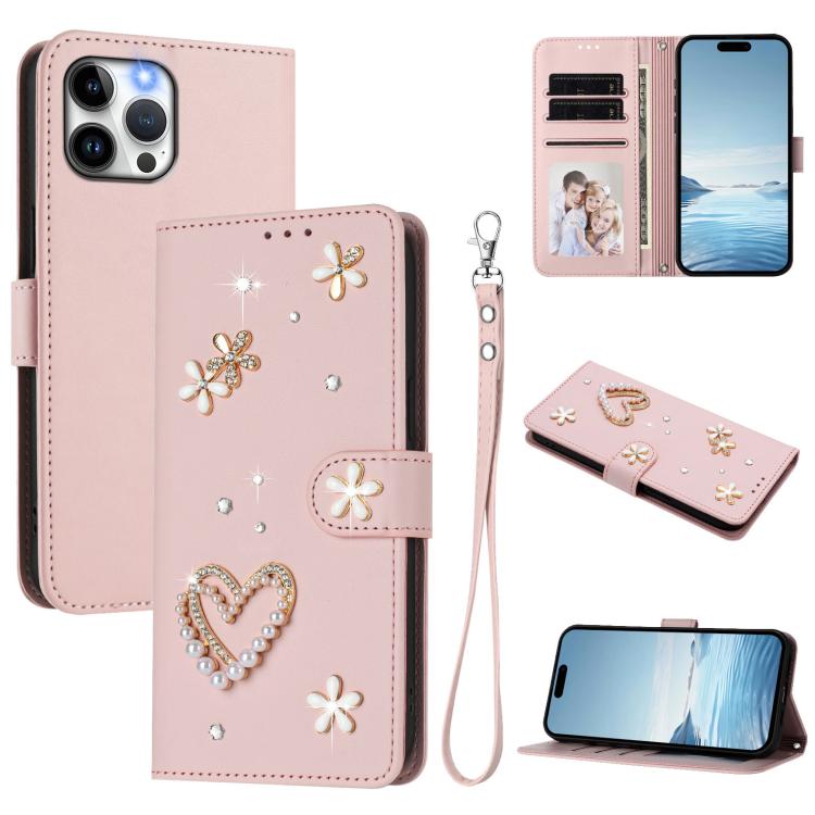 ZS01 Custodia per telefono a doppio strato in ecopelle vegana con motivo floreale a cuori e cinturino da polso, For iPhone 13 Pro, For iPhone 12 / 12 Pro, For iPhone 12 Pro Max
