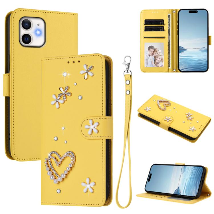 ZS01 Custodia per telefono a doppio strato in ecopelle vegana con motivo floreale a cuori e cinturino da polso, For iPhone 13 Pro, For iPhone 12 / 12 Pro, For iPhone 12 Pro Max