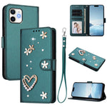 ZS01 Custodia per telefono a doppio strato in ecopelle vegana con motivo floreale a cuori e cinturino da polso, For iPhone 13 Pro, For iPhone 12 / 12 Pro, For iPhone 12 Pro Max