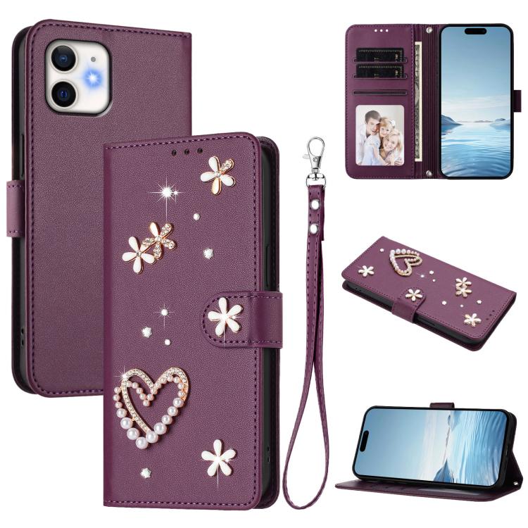 ZS01 Custodia per telefono a doppio strato in ecopelle vegana con motivo floreale a cuori e cinturino da polso, For iPhone 13 Pro, For iPhone 12 / 12 Pro, For iPhone 12 Pro Max