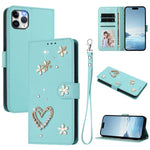 ZS01 Custodia per telefono a doppio strato in ecopelle vegana con motivo floreale a cuori e cinturino da polso, For iPhone 11 Pro Max, For iPhone 11, For iPhone 11 Pro