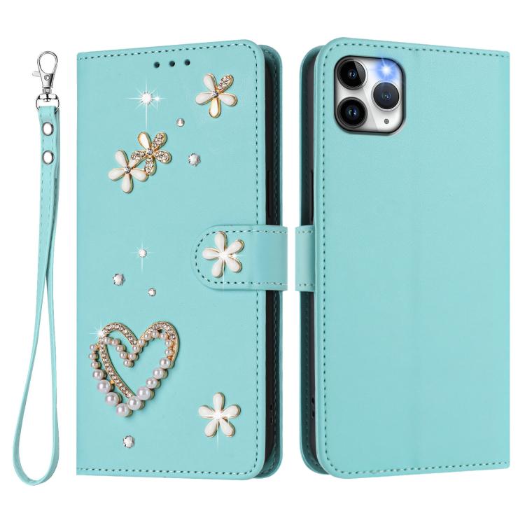 ZS01 Custodia per telefono a doppio strato in ecopelle vegana con motivo floreale a cuori e cinturino da polso, For iPhone 11 Pro Max, For iPhone 11, For iPhone 11 Pro