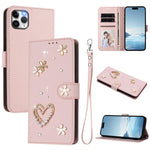 ZS01 Custodia per telefono a doppio strato in ecopelle vegana con motivo floreale a cuori e cinturino da polso, For iPhone 11 Pro Max, For iPhone 11, For iPhone 11 Pro