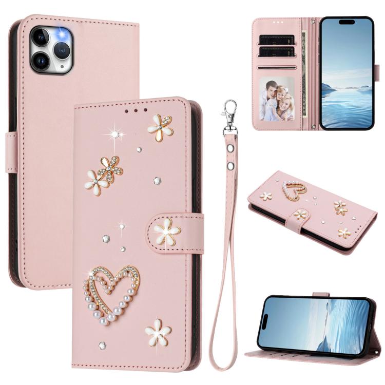 ZS01 Custodia per telefono a doppio strato in ecopelle vegana con motivo floreale a cuori e cinturino da polso, For iPhone 11 Pro Max, For iPhone 11, For iPhone 11 Pro