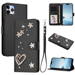 ZS01 Custodia per telefono a doppio strato in ecopelle vegana con motivo floreale a cuori e cinturino da polso, For iPhone 11 Pro Max, For iPhone 11, For iPhone 11 Pro