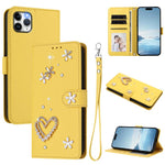 ZS01 Custodia per telefono a doppio strato in ecopelle vegana con motivo floreale a cuori e cinturino da polso, For iPhone 11 Pro Max, For iPhone 11, For iPhone 11 Pro
