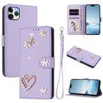 ZS01 Custodia per telefono a doppio strato in ecopelle vegana con motivo floreale a cuori e cinturino da polso, For iPhone 11 Pro Max, For iPhone 11, For iPhone 11 Pro