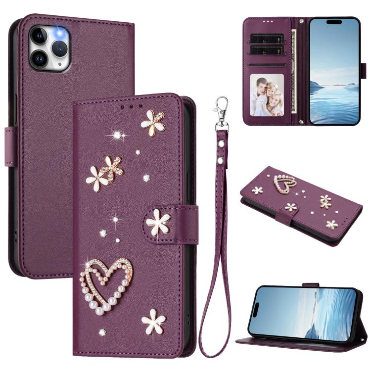 ZS01 Custodia per telefono a doppio strato in ecopelle vegana con motivo floreale a cuori e cinturino da polso, For iPhone 11 Pro Max, For iPhone 11, For iPhone 11 Pro
