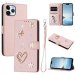 ZS01 Custodia per telefono a doppio strato in ecopelle vegana con motivo floreale a cuori e cinturino da polso, For iPhone 11 Pro Max, For iPhone 11, For iPhone 11 Pro