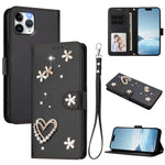 ZS01 Custodia per telefono a doppio strato in ecopelle vegana con motivo floreale a cuori e cinturino da polso, For iPhone 11 Pro Max, For iPhone 11, For iPhone 11 Pro