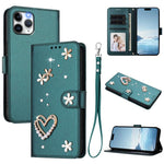ZS01 Custodia per telefono a doppio strato in ecopelle vegana con motivo floreale a cuori e cinturino da polso, For iPhone 11 Pro Max, For iPhone 11, For iPhone 11 Pro