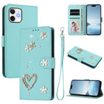 ZS01 Custodia per telefono a doppio strato in ecopelle vegana con motivo floreale a cuori e cinturino da polso, For iPhone 11 Pro Max, For iPhone 11, For iPhone 11 Pro