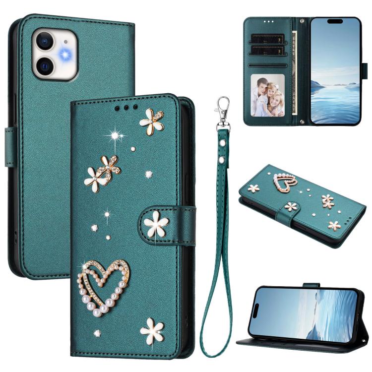 ZS01 Custodia per telefono a doppio strato in ecopelle vegana con motivo floreale a cuori e cinturino da polso, For iPhone 11 Pro Max, For iPhone 11, For iPhone 11 Pro