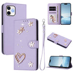 ZS01 Custodia per telefono a doppio strato in ecopelle vegana con motivo floreale a cuori e cinturino da polso, For iPhone 11 Pro Max, For iPhone 11, For iPhone 11 Pro