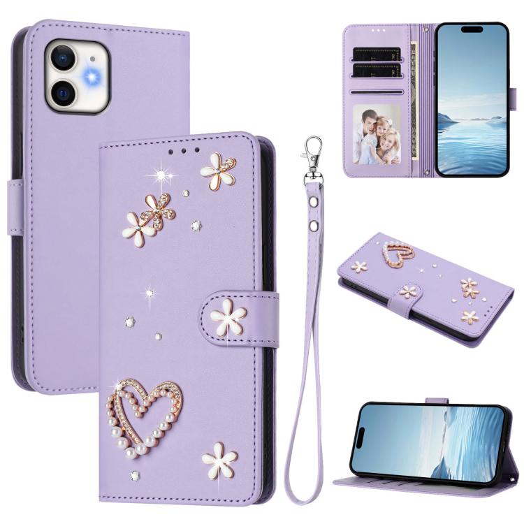 ZS01 Custodia per telefono a doppio strato in ecopelle vegana con motivo floreale a cuori e cinturino da polso, For iPhone 11 Pro Max, For iPhone 11, For iPhone 11 Pro