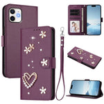 ZS01 Custodia per telefono a doppio strato in ecopelle vegana con motivo floreale a cuori e cinturino da polso, For iPhone 11 Pro Max, For iPhone 11, For iPhone 11 Pro