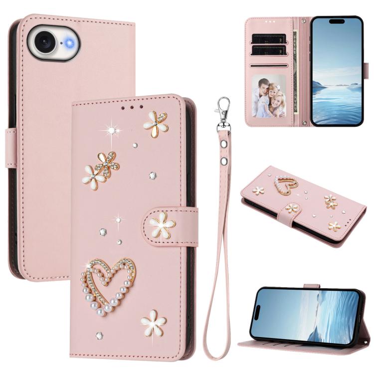 ZS01 Custodia per telefono a doppio strato in ecopelle vegana con motivo floreale a cuori e cinturino da polso, For iPhone 17e / 16e, For iPhone 17 Pro Max, For iPhone 17 Pro
