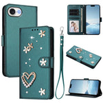 ZS01 Custodia per telefono a doppio strato in ecopelle vegana con motivo floreale a cuori e cinturino da polso, For iPhone 17e / 16e, For iPhone 17 Pro Max, For iPhone 17 Pro