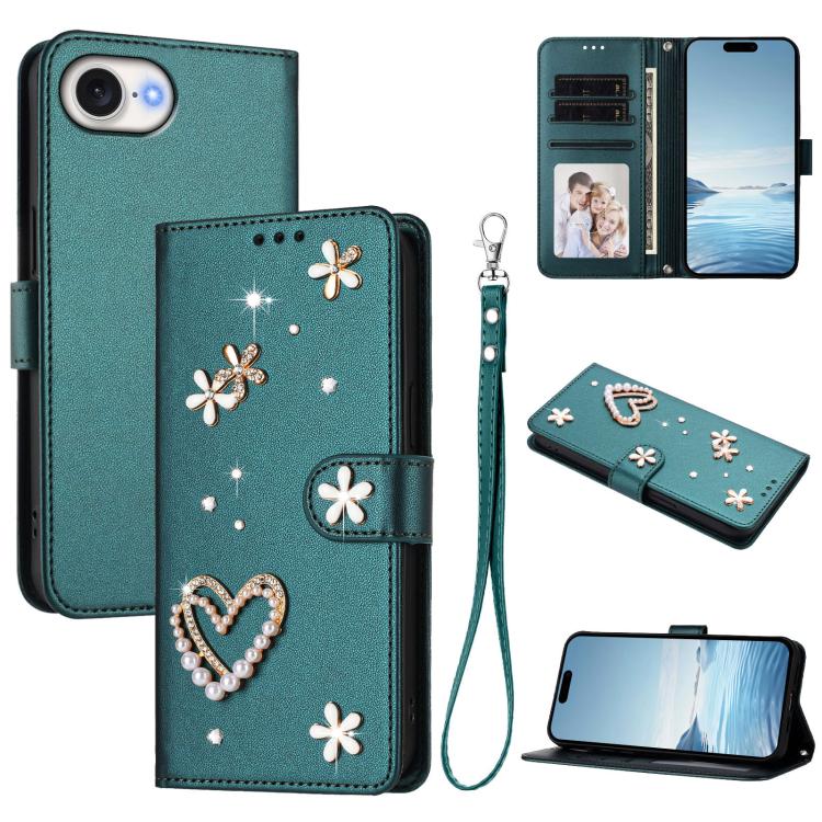 ZS01 Custodia per telefono a doppio strato in ecopelle vegana con motivo floreale a cuori e cinturino da polso, For iPhone 17e / 16e, For iPhone 17 Pro Max, For iPhone 17 Pro