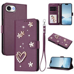 ZS01 Custodia per telefono a doppio strato in ecopelle vegana con motivo floreale a cuori e cinturino da polso, For iPhone 17e / 16e, For iPhone 17 Pro Max, For iPhone 17 Pro
