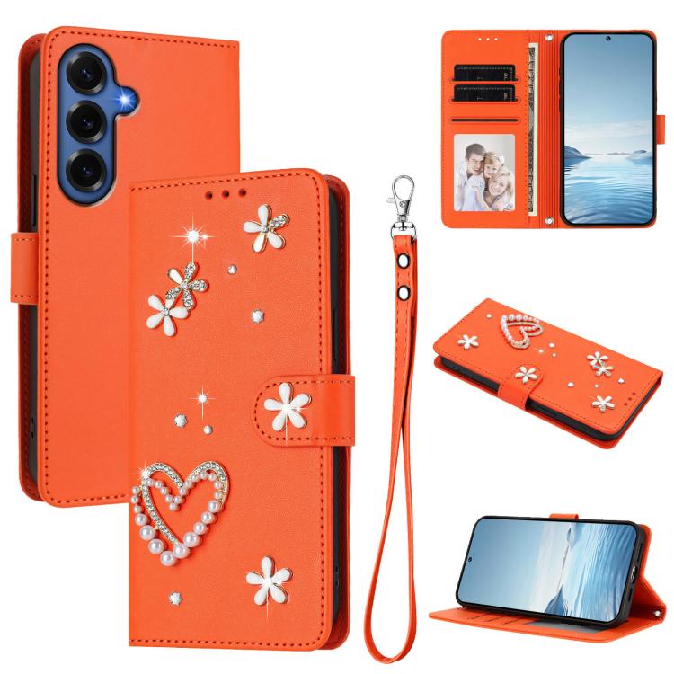 ZS01 Custodia per telefono a doppio strato in ecopelle vegana con motivo floreale a cuori e cinturino da polso, For Samsung Galaxy S26+ 5G, For Samsung Galaxy S26 Edge 5G, For Samsung Galaxy S26 Ultra 5G