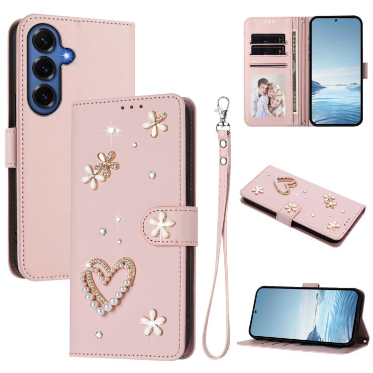 ZS01 Custodia per telefono a doppio strato in ecopelle vegana con motivo floreale a cuori e cinturino da polso, For Samsung Galaxy S26+ 5G, For Samsung Galaxy S26 Edge 5G, For Samsung Galaxy S26 Ultra 5G