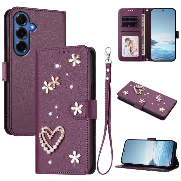 ZS01 Custodia per telefono a doppio strato in ecopelle vegana con motivo floreale a cuori e cinturino da polso, For Samsung Galaxy S26+ 5G, For Samsung Galaxy S26 Edge 5G, For Samsung Galaxy S26 Ultra 5G