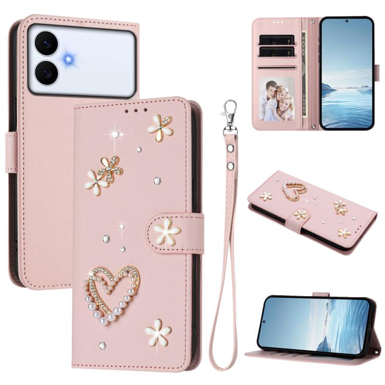 ZS01 Custodia per telefono a doppio strato in ecopelle vegana con motivo floreale a cuori e cinturino da polso, For Samsung Galaxy S26+ 5G, For Samsung Galaxy S26 Edge 5G, For Samsung Galaxy S26 Ultra 5G