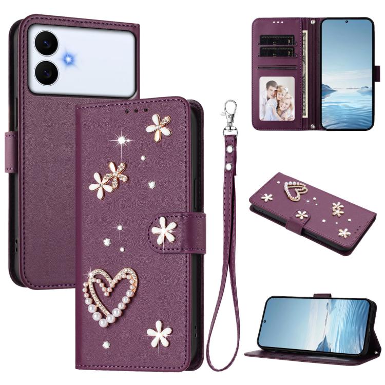 ZS01 Custodia per telefono a doppio strato in ecopelle vegana con motivo floreale a cuori e cinturino da polso, For Samsung Galaxy S26+ 5G, For Samsung Galaxy S26 Edge 5G, For Samsung Galaxy S26 Ultra 5G