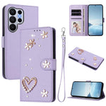 ZS01 Custodia per telefono a doppio strato in ecopelle vegana con motivo floreale a cuori e cinturino da polso, For Samsung Galaxy S26+ 5G, For Samsung Galaxy S26 Edge 5G, For Samsung Galaxy S26 Ultra 5G