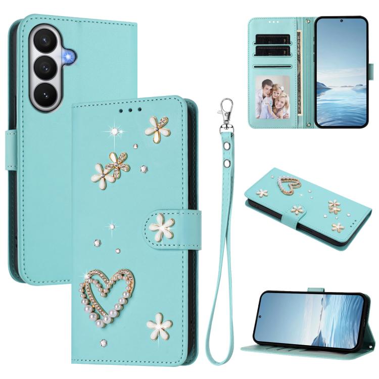 ZS01 Custodia per telefono a doppio strato in ecopelle vegana con motivo floreale a cuori e cinturino da polso, For Samsung Galaxy S26 5G, For Samsung Galaxy S25 FE 5G, For Samsung Galaxy S25 Edge 5G