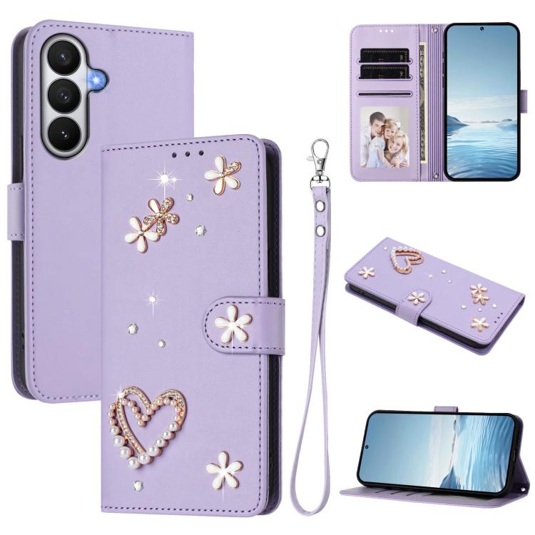 ZS01 Custodia per telefono a doppio strato in ecopelle vegana con motivo floreale a cuori e cinturino da polso, For Samsung Galaxy S26 5G, For Samsung Galaxy S25 FE 5G, For Samsung Galaxy S25 Edge 5G
