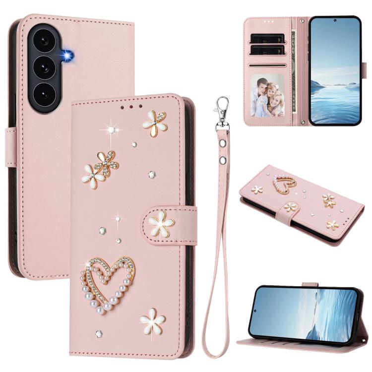 ZS01 Custodia per telefono a doppio strato in ecopelle vegana con motivo floreale a cuori e cinturino da polso, For Samsung Galaxy S26 5G, For Samsung Galaxy S25 FE 5G, For Samsung Galaxy S25 Edge 5G