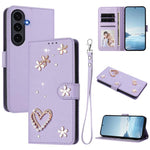 ZS01 Custodia per telefono a doppio strato in ecopelle vegana con motivo floreale a cuori e cinturino da polso, For Samsung Galaxy S26 5G, For Samsung Galaxy S25 FE 5G, For Samsung Galaxy S25 Edge 5G