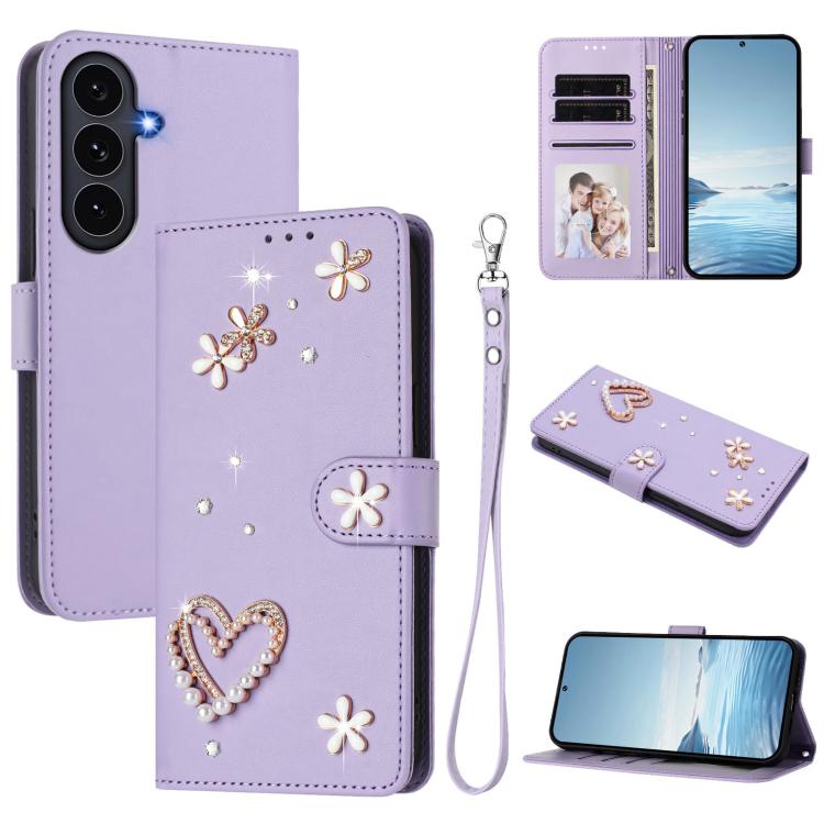 ZS01 Custodia per telefono a doppio strato in ecopelle vegana con motivo floreale a cuori e cinturino da polso, For Samsung Galaxy S26 5G, For Samsung Galaxy S25 FE 5G, For Samsung Galaxy S25 Edge 5G