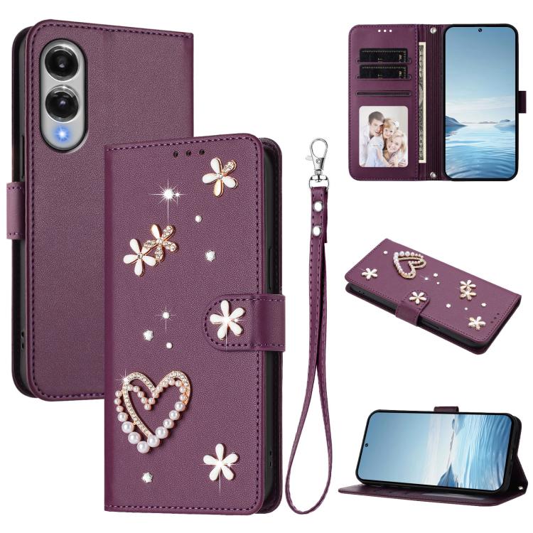 ZS01 Custodia per telefono a doppio strato in ecopelle vegana con motivo floreale a cuori e cinturino da polso, For Samsung Galaxy S26 5G, For Samsung Galaxy S25 FE 5G, For Samsung Galaxy S25 Edge 5G