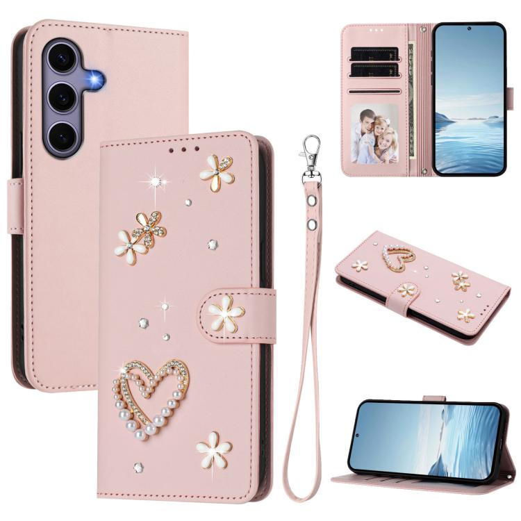 ZS01 Custodia per telefono a doppio strato in ecopelle vegana con motivo floreale a cuori e cinturino da polso, For Samsung Galaxy S25 / S24 5G, For Samsung Galaxy S25+ / S24+ 5G, For Samsung Galaxy S25 Ultra 5G