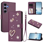 ZS01 Custodia per telefono a doppio strato in ecopelle vegana con motivo floreale a cuori e cinturino da polso, For Samsung Galaxy S25 / S24 5G, For Samsung Galaxy S25+ / S24+ 5G, For Samsung Galaxy S25 Ultra 5G