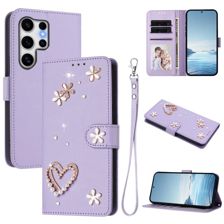 ZS01 Custodia per telefono a doppio strato in ecopelle vegana con motivo floreale a cuori e cinturino da polso, For Samsung Galaxy S25 / S24 5G, For Samsung Galaxy S25+ / S24+ 5G, For Samsung Galaxy S25 Ultra 5G