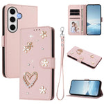 ZS01 Custodia per telefono a doppio strato in ecopelle vegana con motivo floreale a cuori e cinturino da polso, For Samsung Galaxy S24 FE 5G, For Samsung Galaxy S24 Ultra 5G, For Samsung Galaxy S23 FE 5G