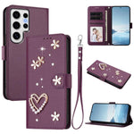 ZS01 Custodia per telefono a doppio strato in ecopelle vegana con motivo floreale a cuori e cinturino da polso, For Samsung Galaxy S24 FE 5G, For Samsung Galaxy S24 Ultra 5G, For Samsung Galaxy S23 FE 5G