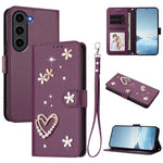ZS01 Custodia per telefono a doppio strato in ecopelle vegana con motivo floreale a cuori e cinturino da polso, For Samsung Galaxy S24 FE 5G, For Samsung Galaxy S24 Ultra 5G, For Samsung Galaxy S23 FE 5G