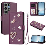 ZS01 Custodia per telefono a doppio strato in ecopelle vegana con motivo floreale a cuori e cinturino da polso, For Samsung Galaxy S23 Ultra 5G, For Samsung Galaxy S23+ 5G, For Samsung Galaxy S23 5G