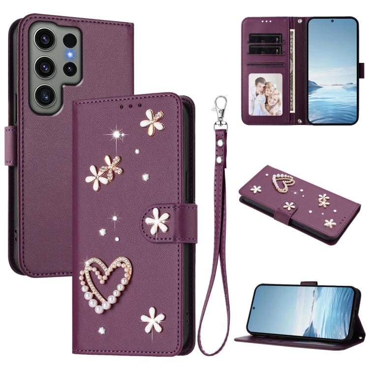 ZS01 Custodia per telefono a doppio strato in ecopelle vegana con motivo floreale a cuori e cinturino da polso, For Samsung Galaxy S23 Ultra 5G, For Samsung Galaxy S23+ 5G, For Samsung Galaxy S23 5G