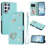 ZS01 Custodia per telefono a doppio strato in ecopelle vegana con motivo floreale a cuori e cinturino da polso, For Samsung Galaxy S22 Ultra 5G, For Samsung Galaxy S22+ 5G, For Samsung Galaxy S22 5G